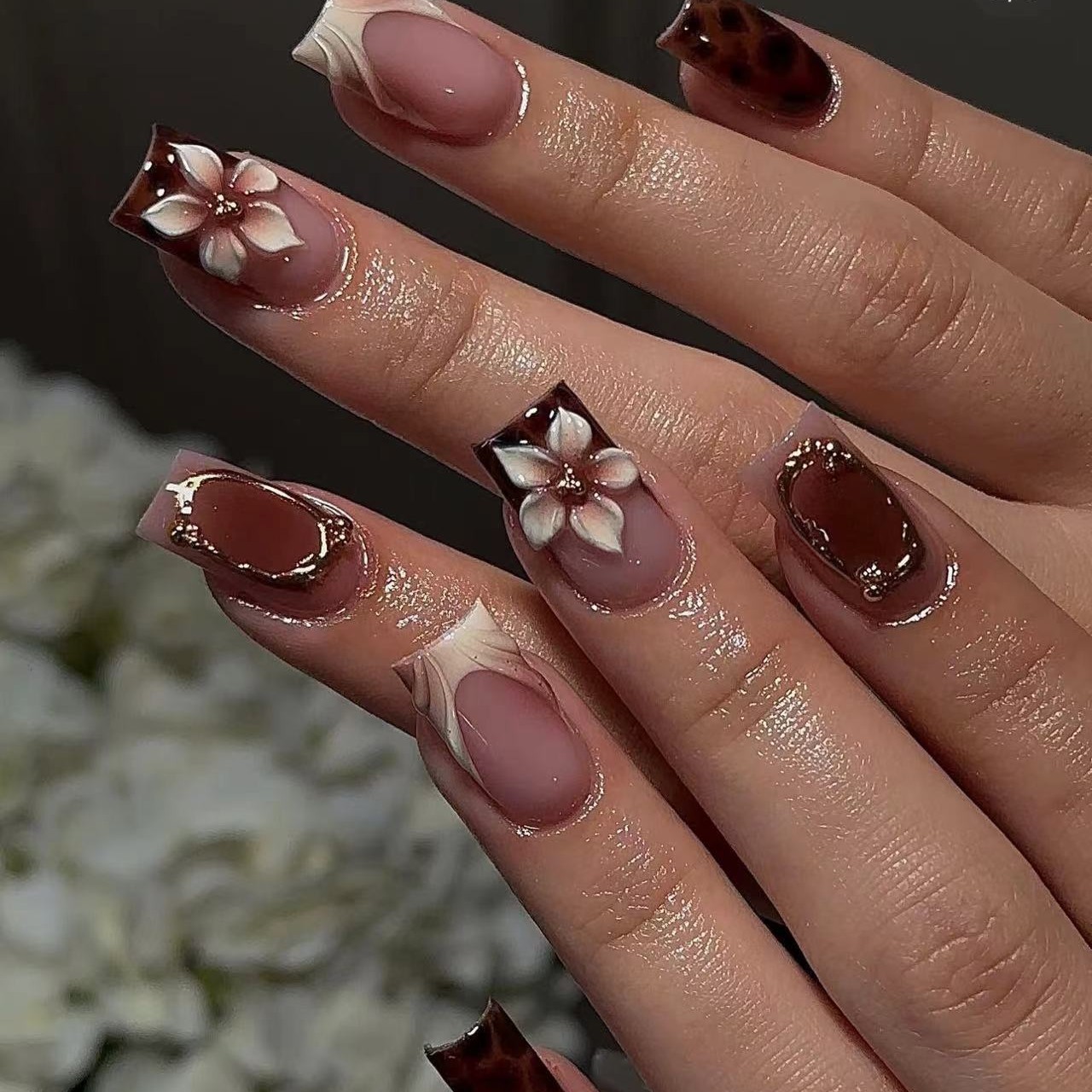 Pressed Flower Art - Короткие квадратные накладные ногти для женщин